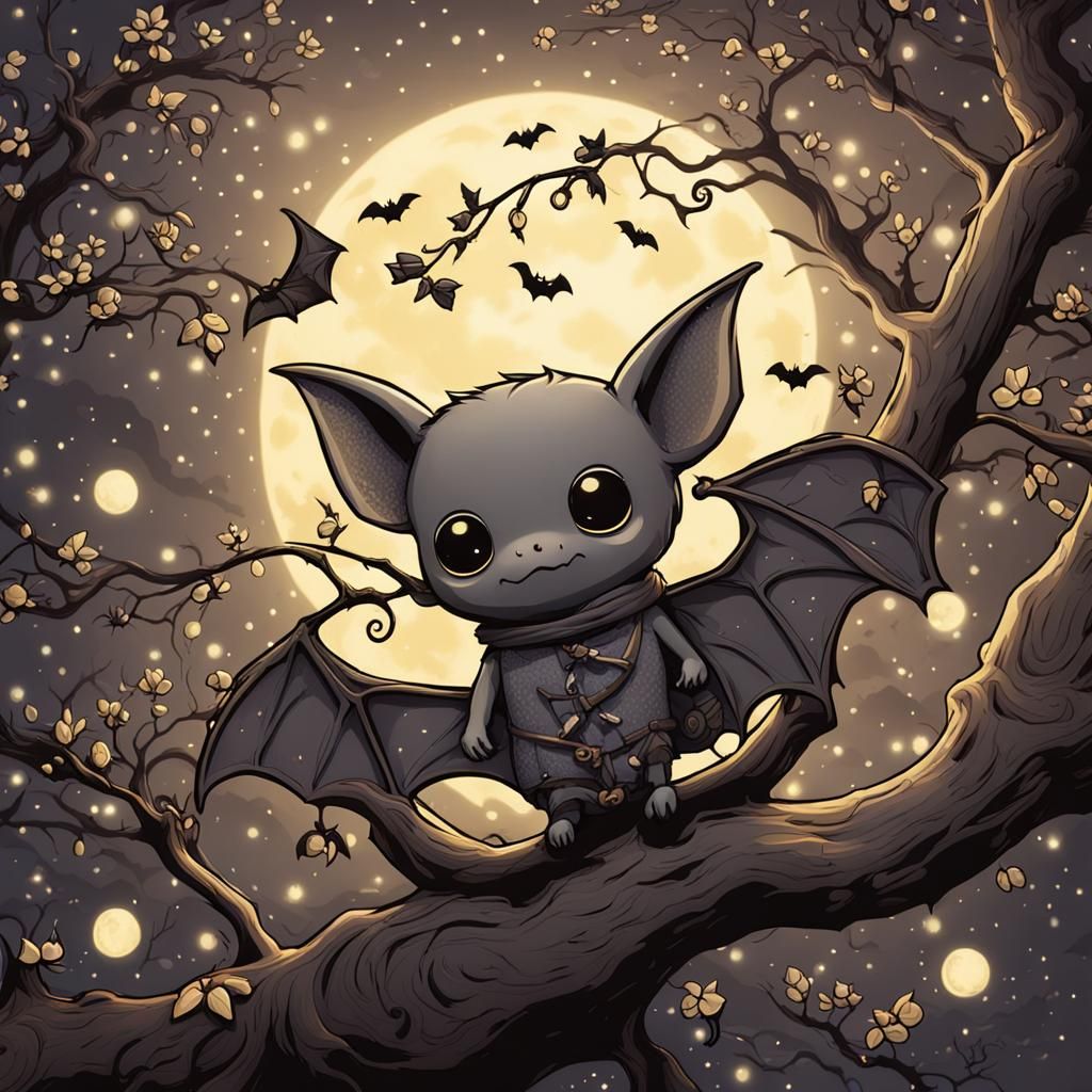 Chibi Bats Sleeping Peacefully in Moonlight