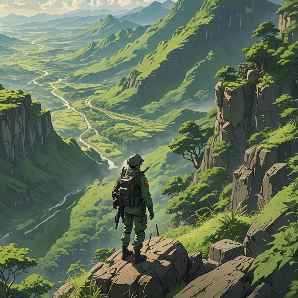Anime Soldier on Mountain Cliff in Ghibli Style