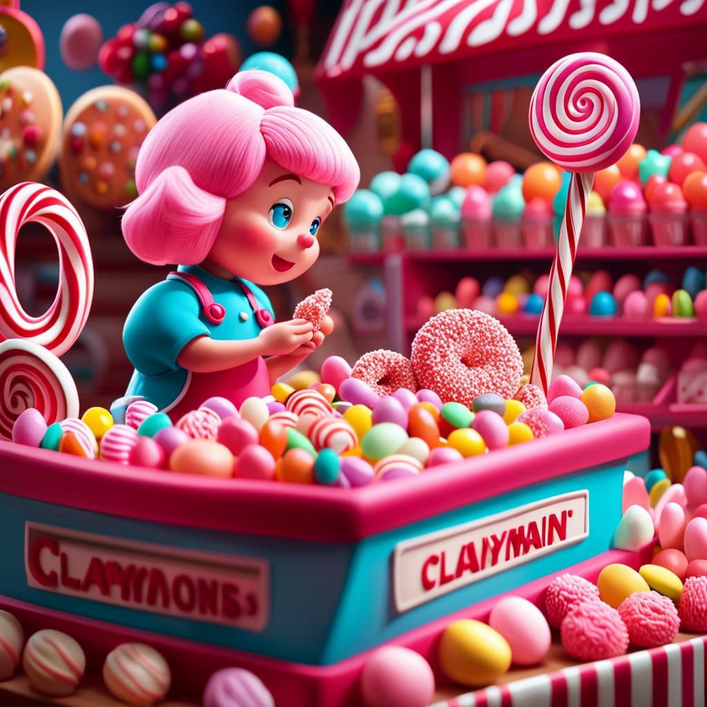 Claymation Character in a Candy-Filled Shop