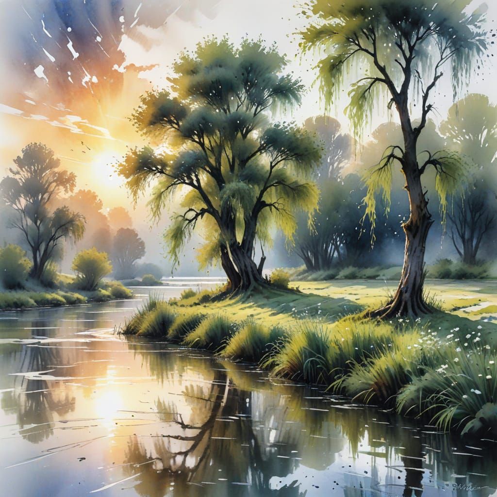Tranquil Riverbank at Sunset in Watercolour Style