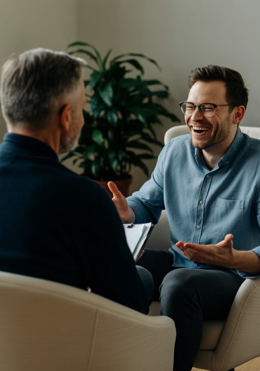 Candid Moment: Man Laughing with His Therapist