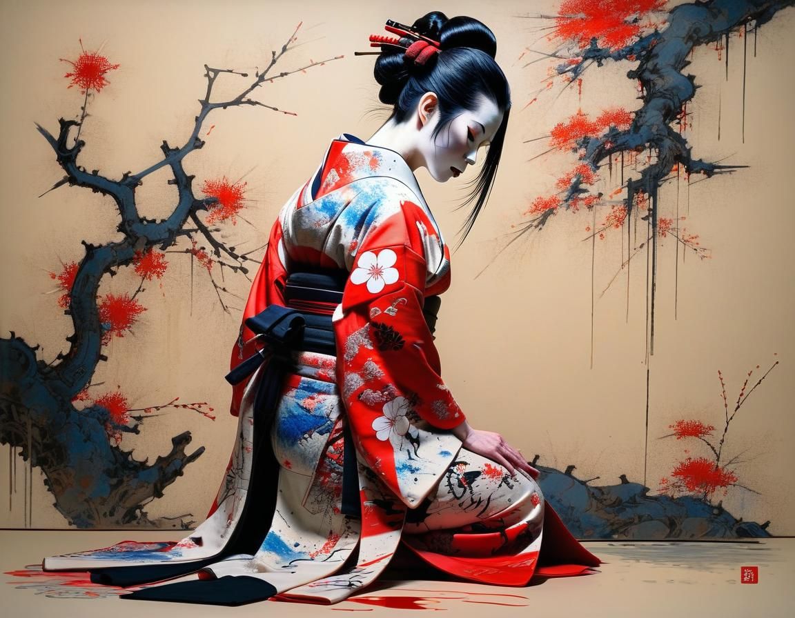 Geisha Writing Calligraphy in Detailed Impasto Style