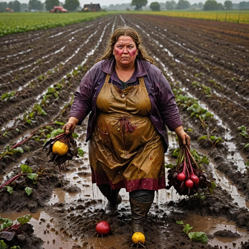 Fat Woman Harvesting Beets, Vibrant Oil Painting