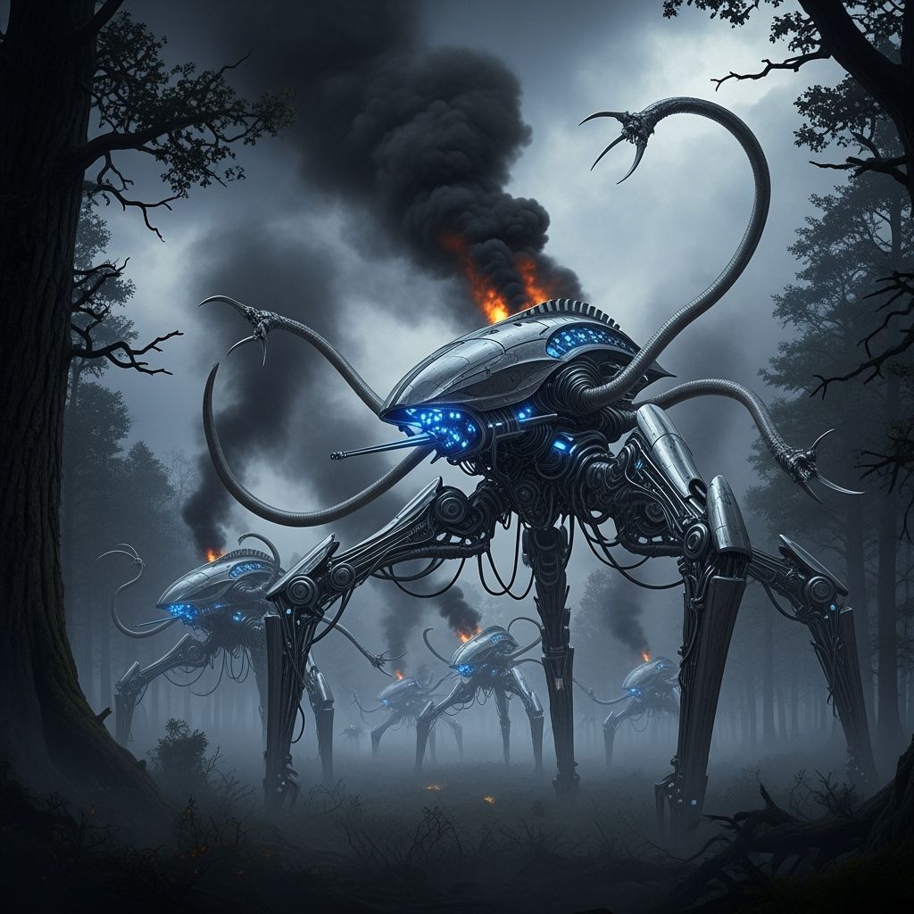 Metallic Tripod War Machines Invade Misty Forest