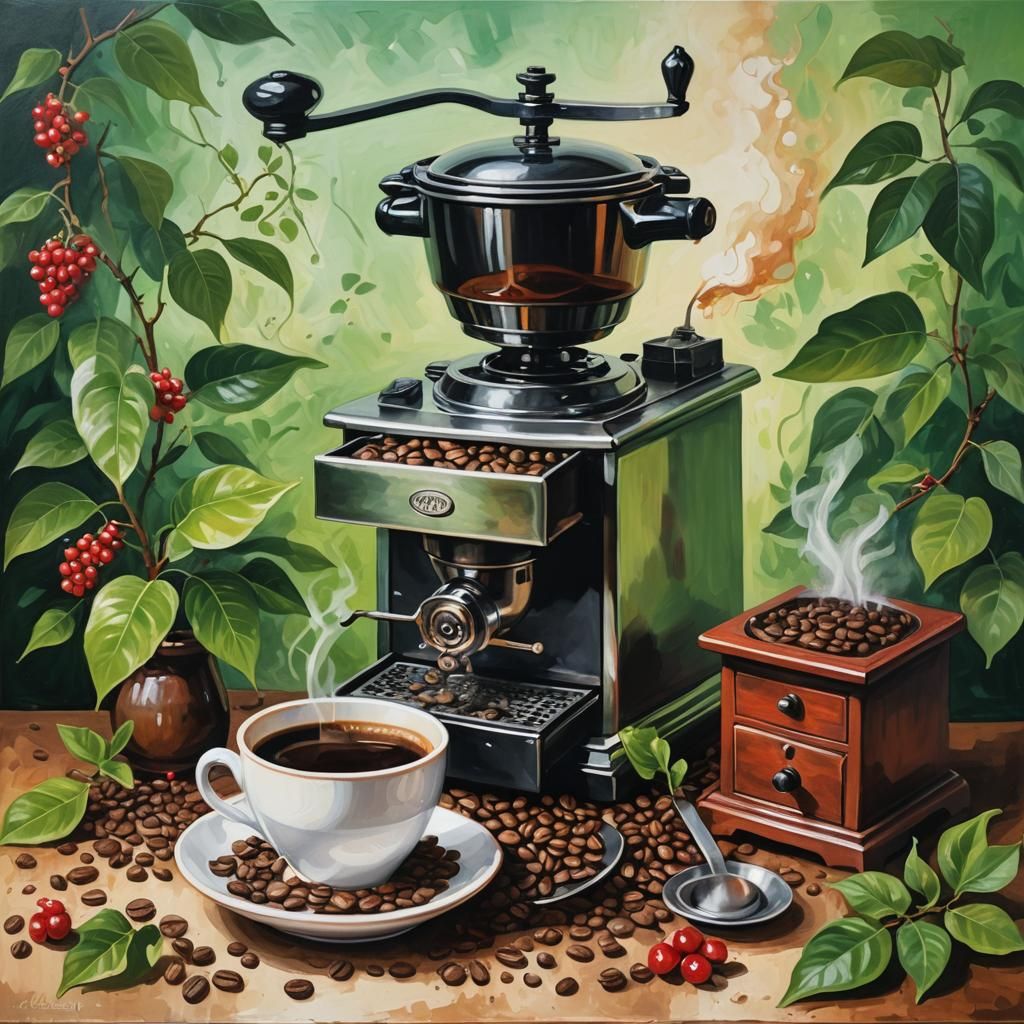 Coffee Preparation Conceptual Painting with Vintage Grinder