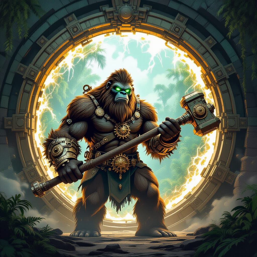 Steampunk Sasquatch Guardian of Alien Jungle Portal