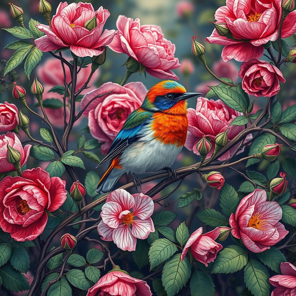 Whimsical Fantasy: Vibrant Bird on Wild Rose Bush with Intri...