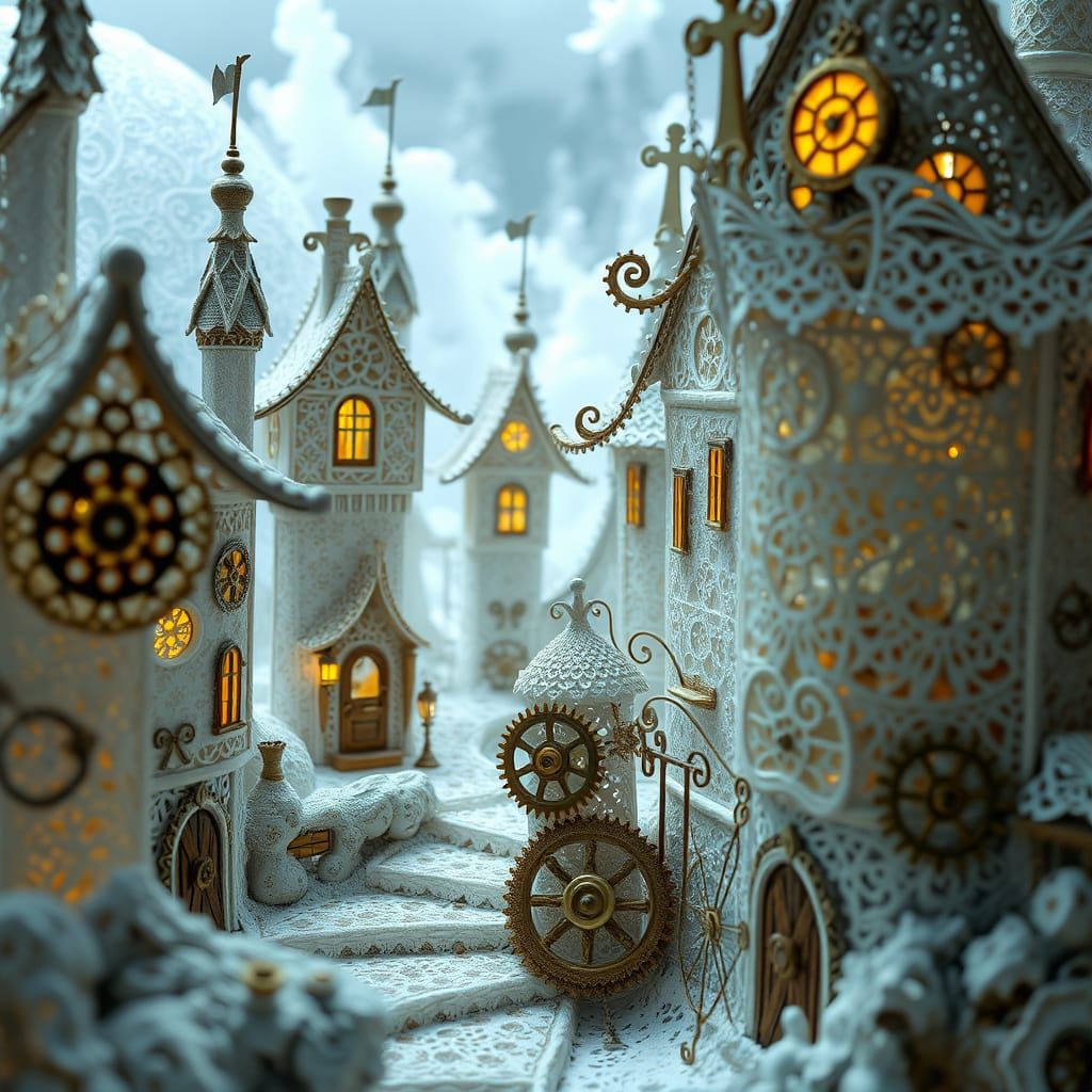 Lace Village with Clockwork Mechanisms and Ethereal Lighting