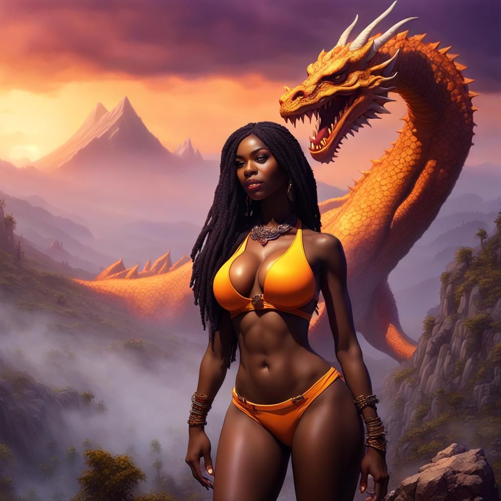 Nigerian Girl and Dragon in Dark Fantasy Landscape