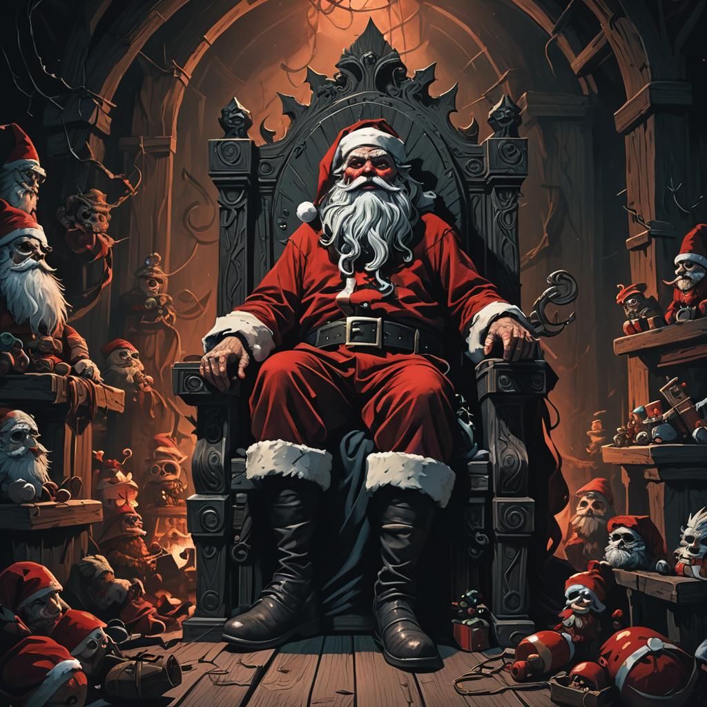 Evil Santa on Throne, Dark Fantasy Illustration