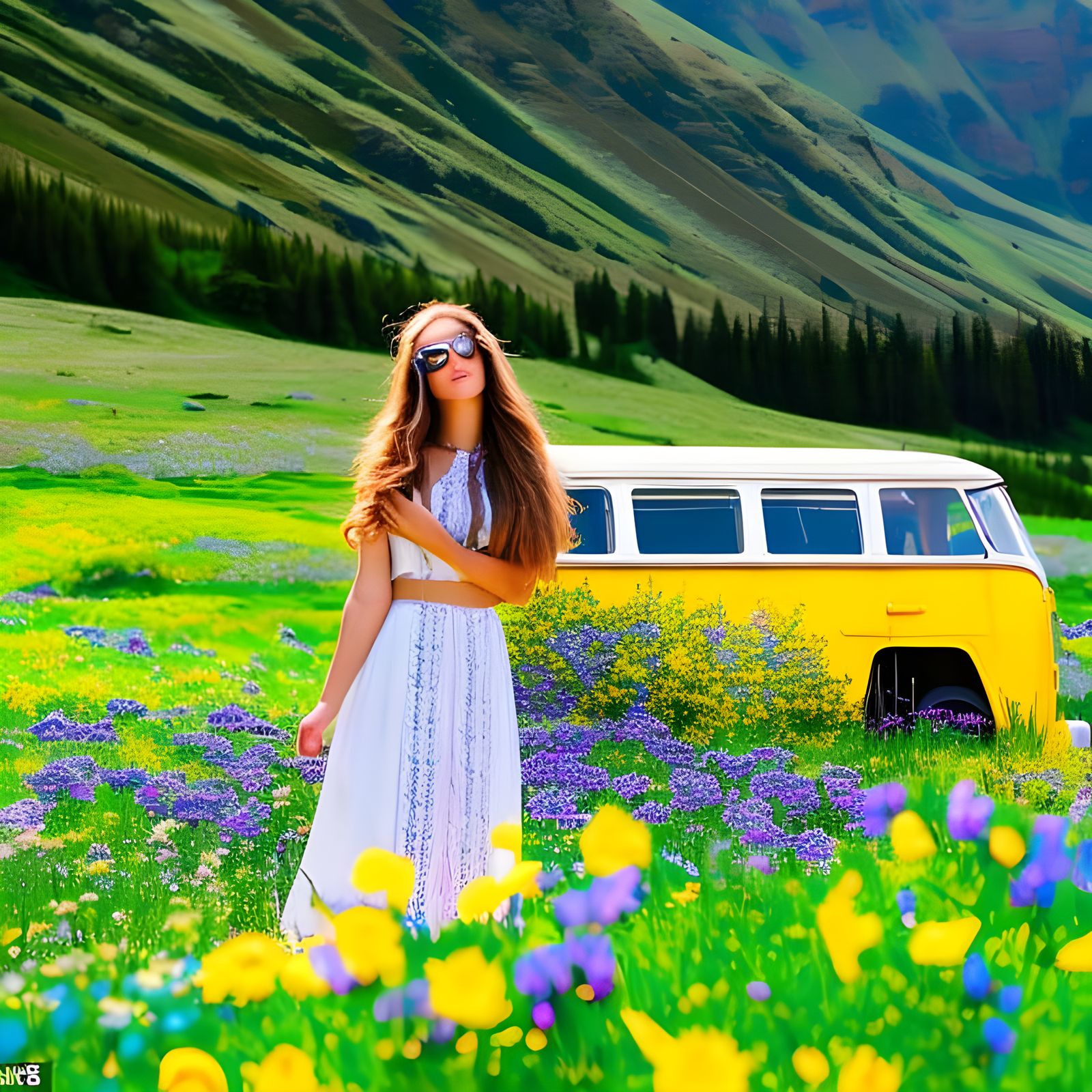 Hippie Girl in Mountain Meadow at Golden Hour