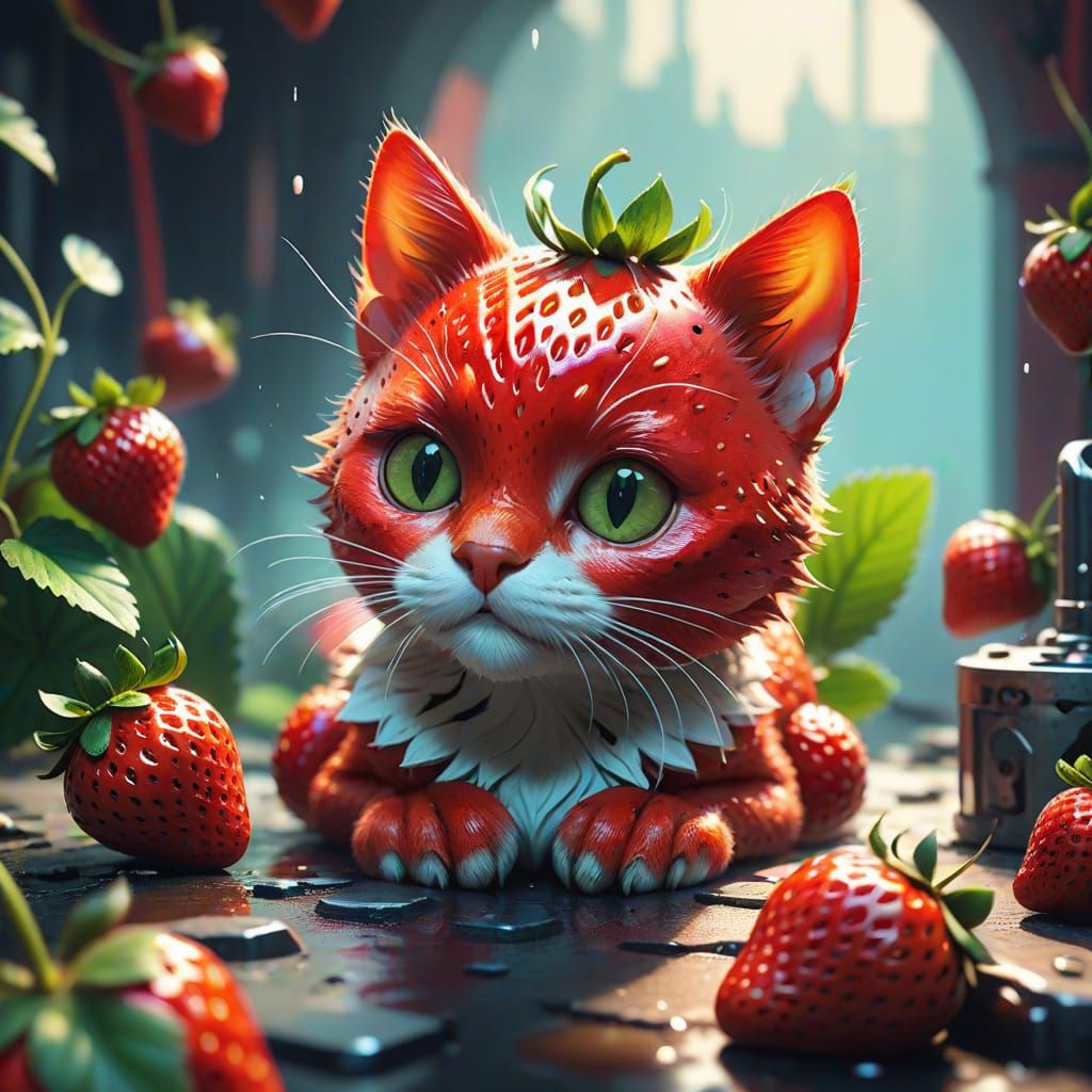 Vibrant Whimsical Strawberry Kitten Digital Art