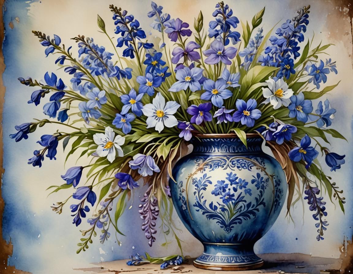 Blue Wildflower Bouquet in Ornate Vase, Watercolour
