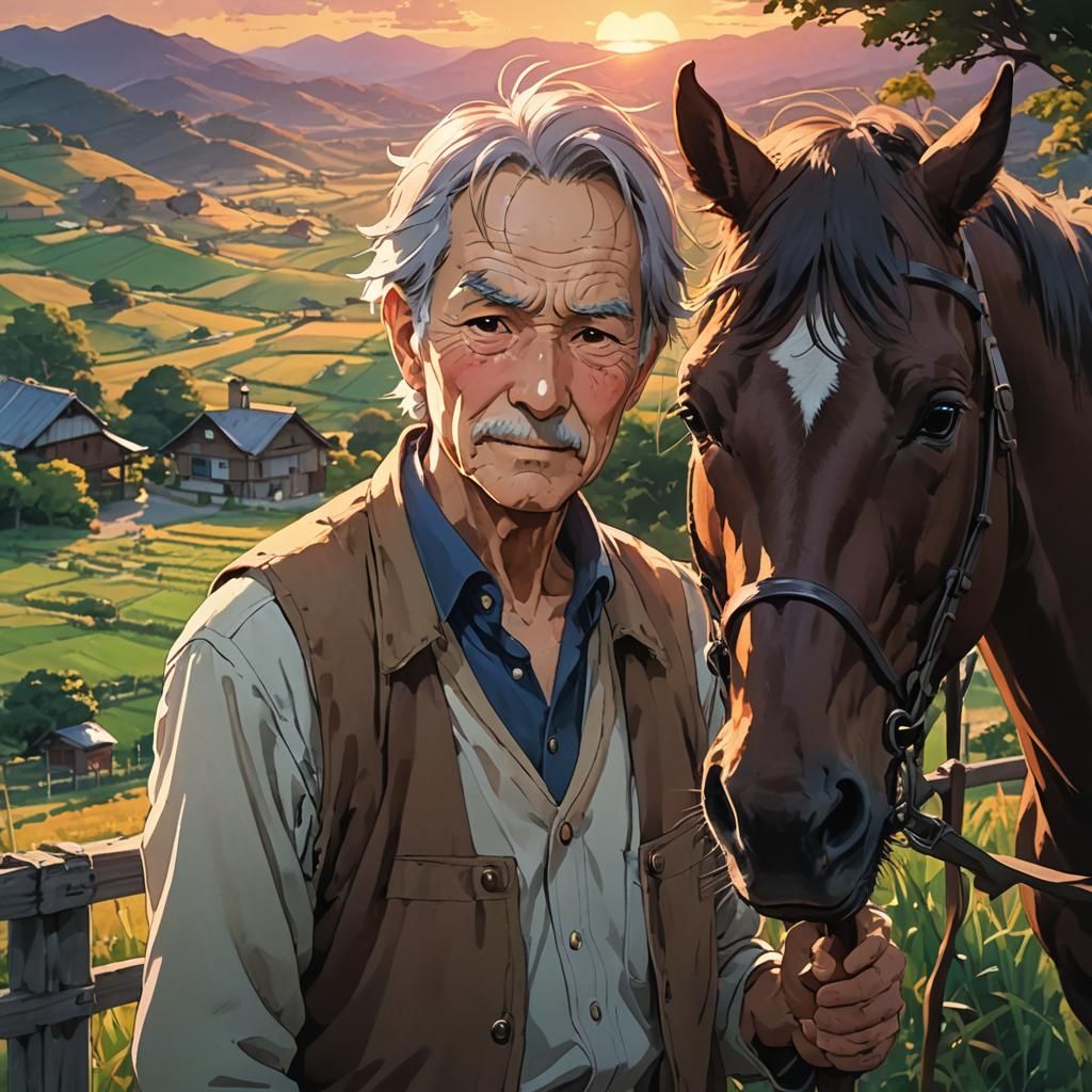 Anime Portrait: Farmer and Horse at Sunset