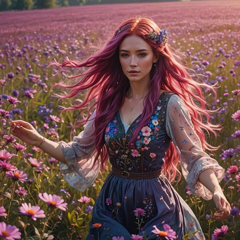 Woman Dancing in a Flower Field: Fantasy Art