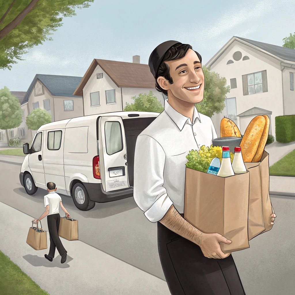 Friendly Jewish Delivery Messenger in Suburban Street Scene