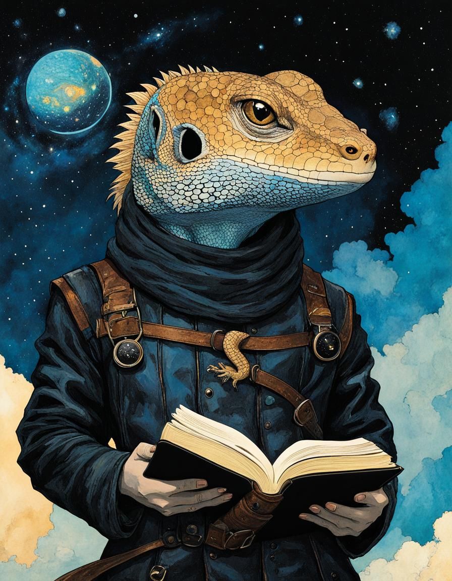 Lizard Adventurer Stares into Cosmic Sky