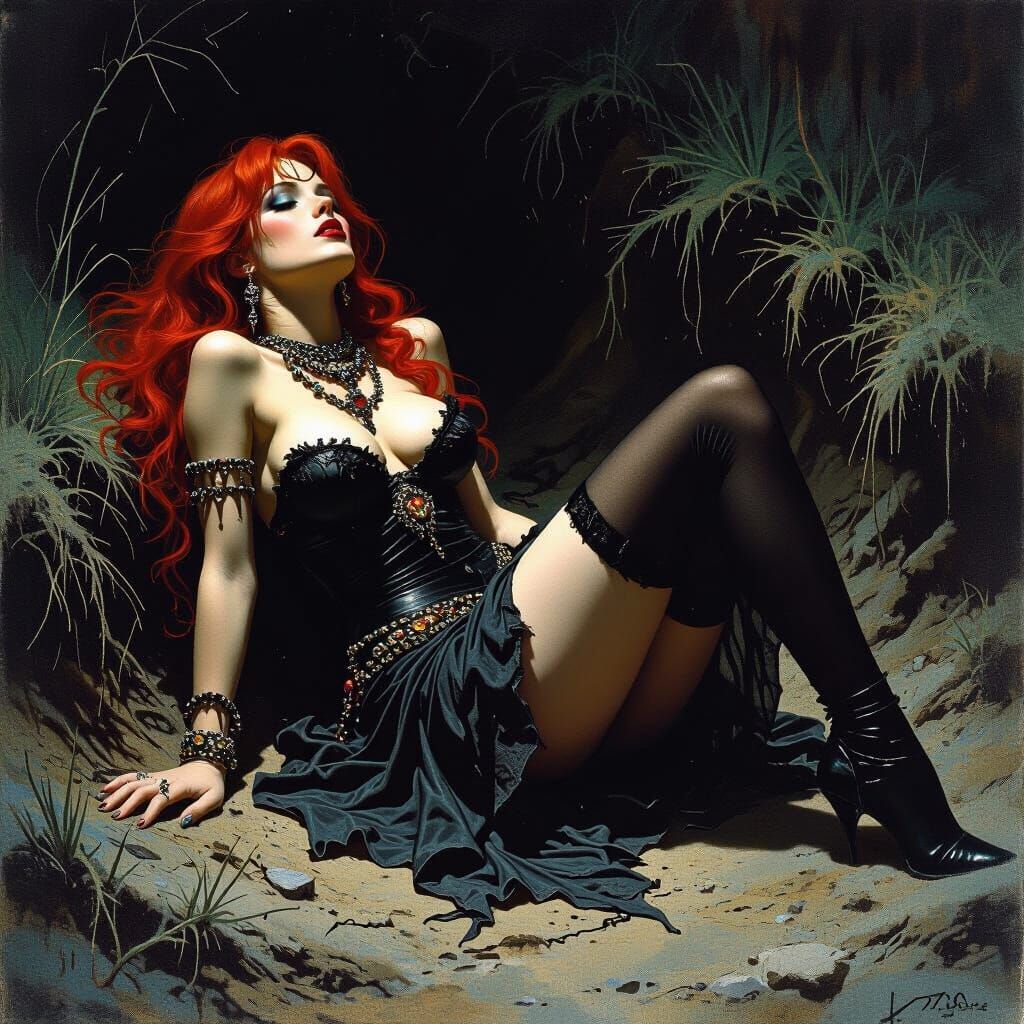 Redhead Goddess Reclining: Eerie Mystical Art