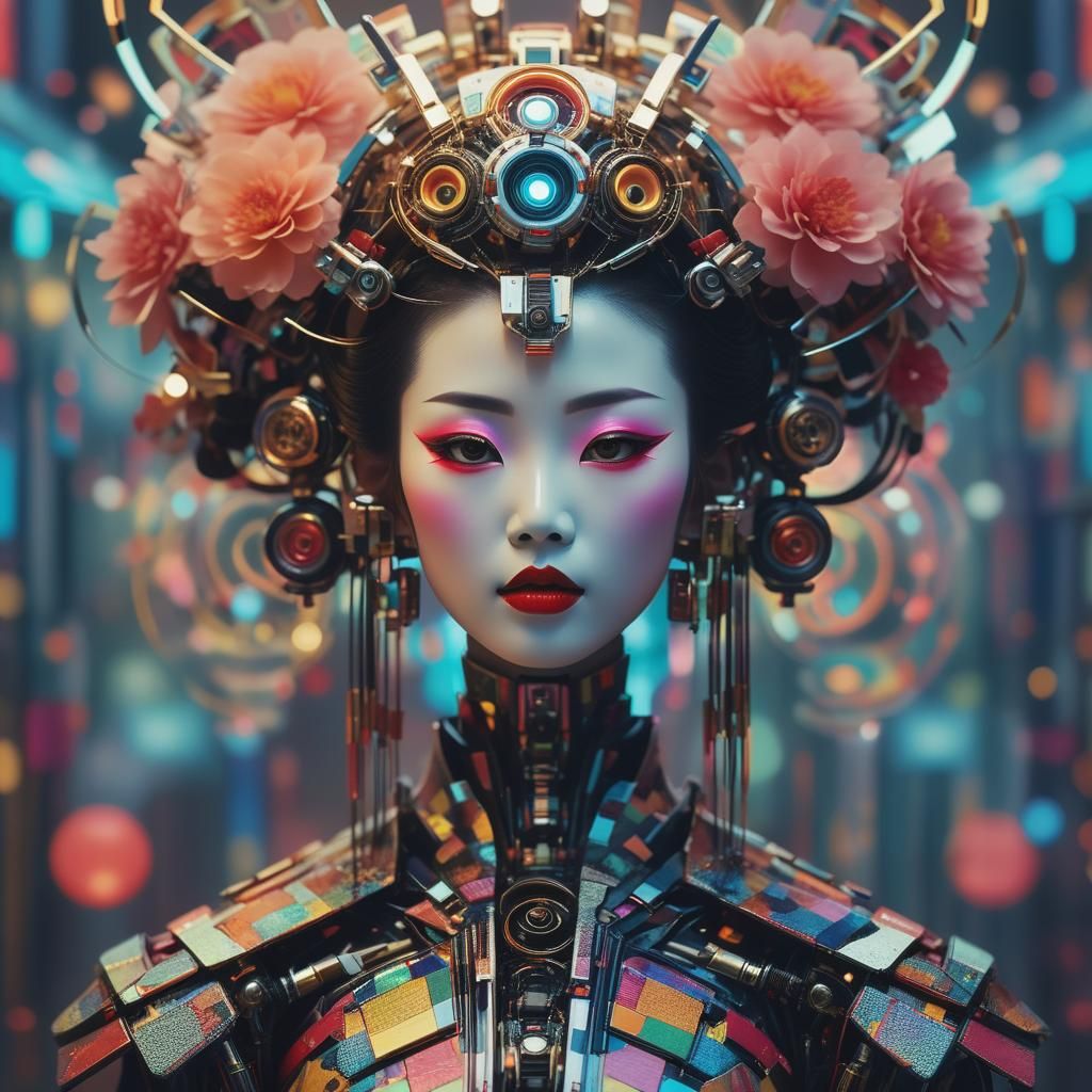 Robotic Geisha in Abstract Expressionist Style
