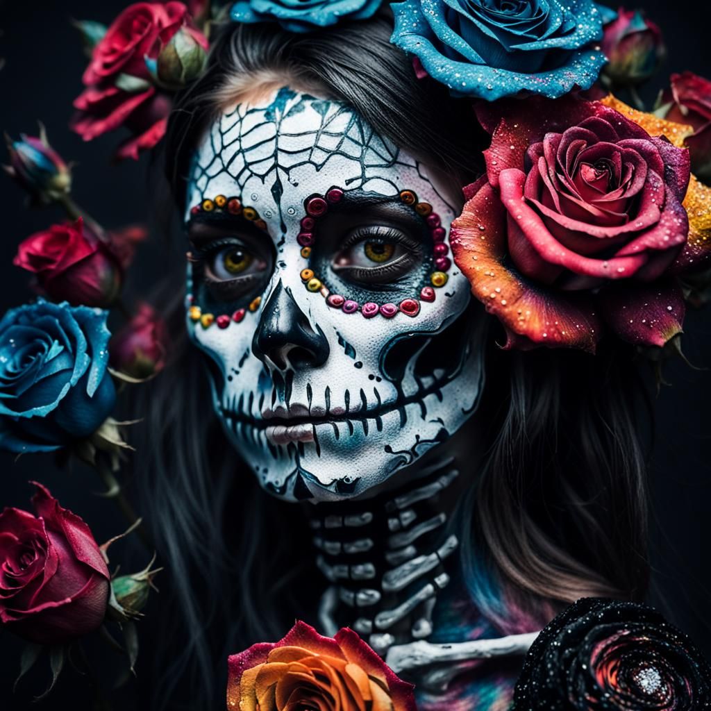 Sugar Skull Skeleton with Roses in Impasto Style