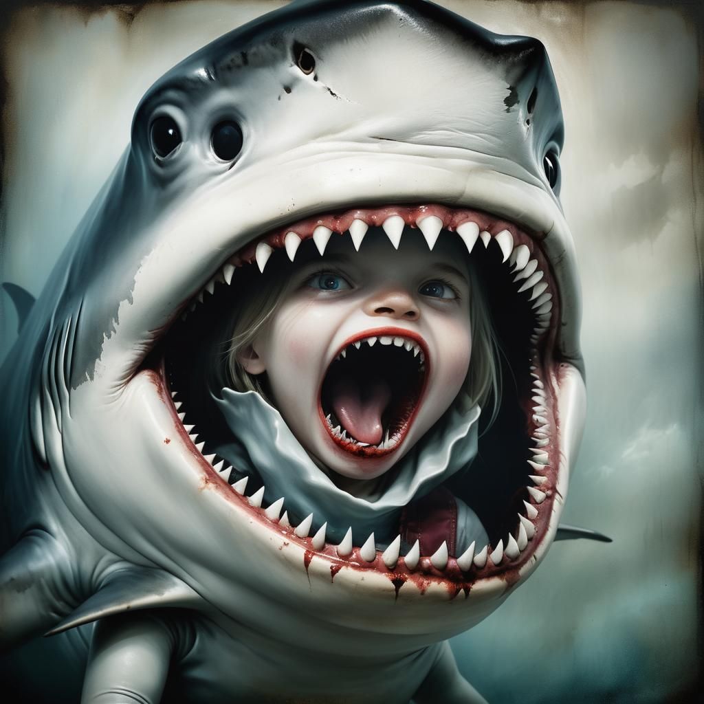 Eerie Shark Portrait Emerging From Girl's Mouth