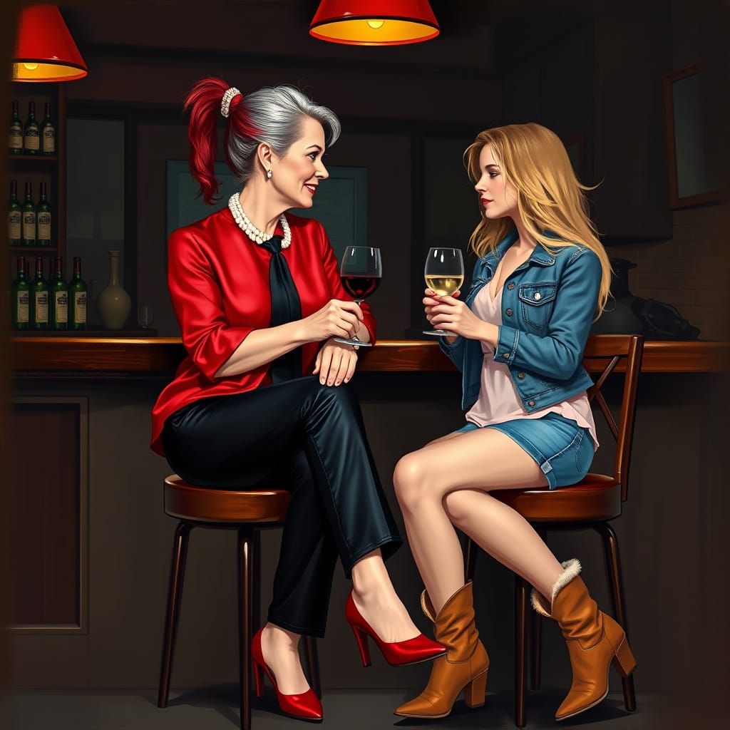 Elegant Woman Engages in Conversation at a Dimly Lit Bar