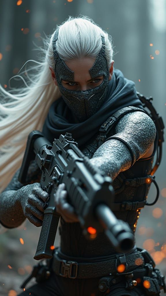 Futuristic Silver-Haired Warrior in Epic Battle