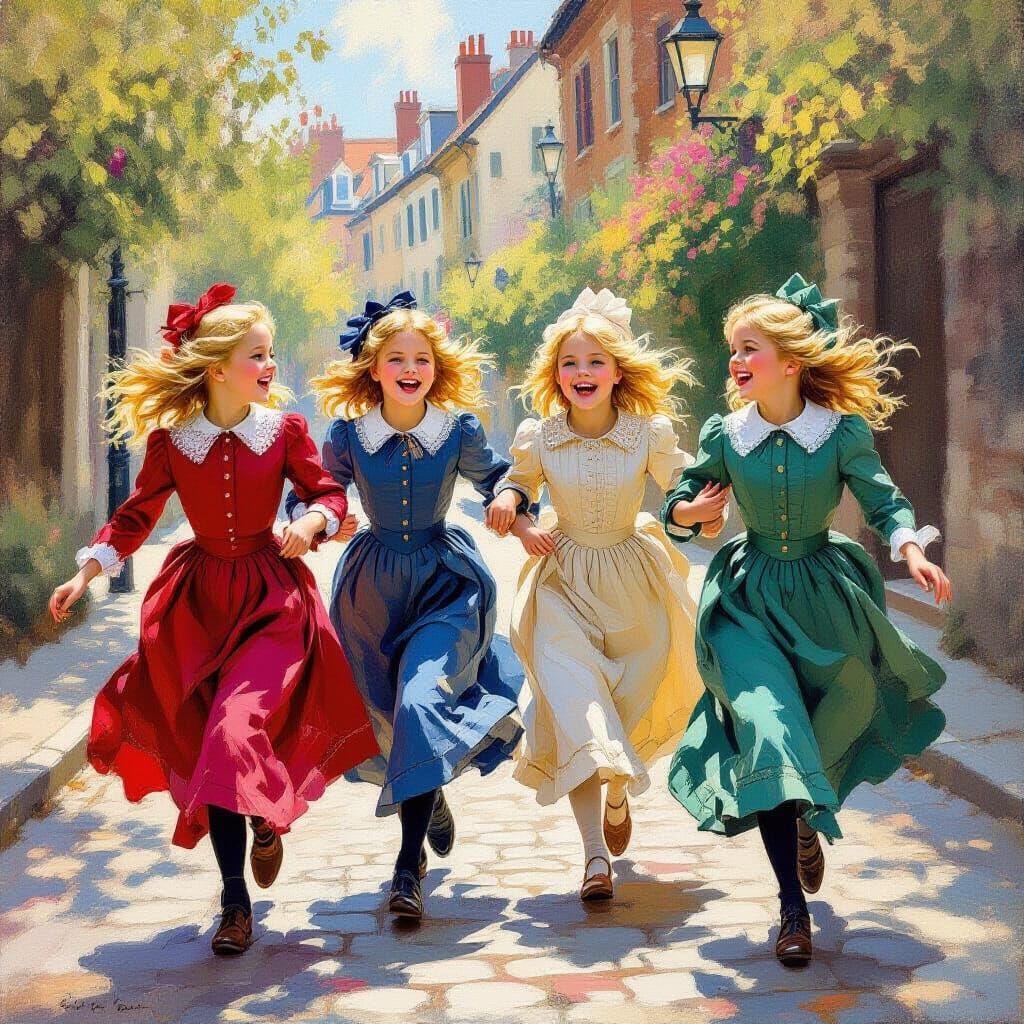 Victorian Girls Laughing in Painterly Style
