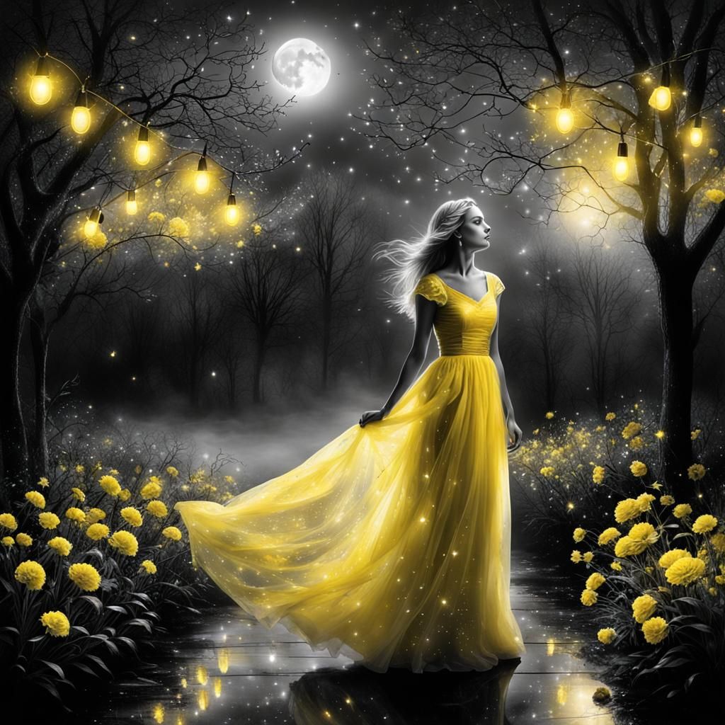 Girl in Yellow Dress Under Moonlight