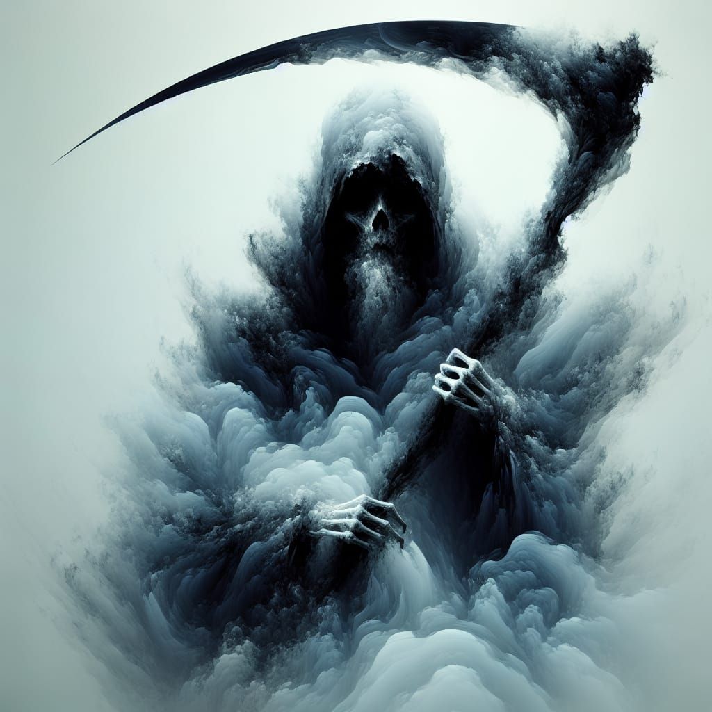 Ominous Figure with Scythe in Dark Fantasy Scene