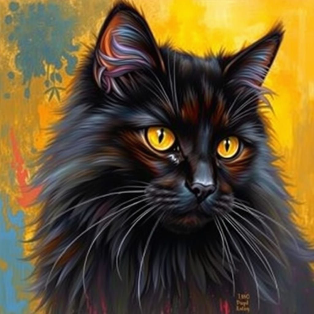 Whimsical Long Haired Black Cat in Vibrant Aquarel Colors
