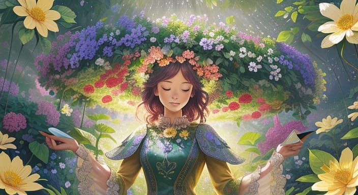 Girl Sketching in a Vibrant, Whimsical Garden at Golden Hour