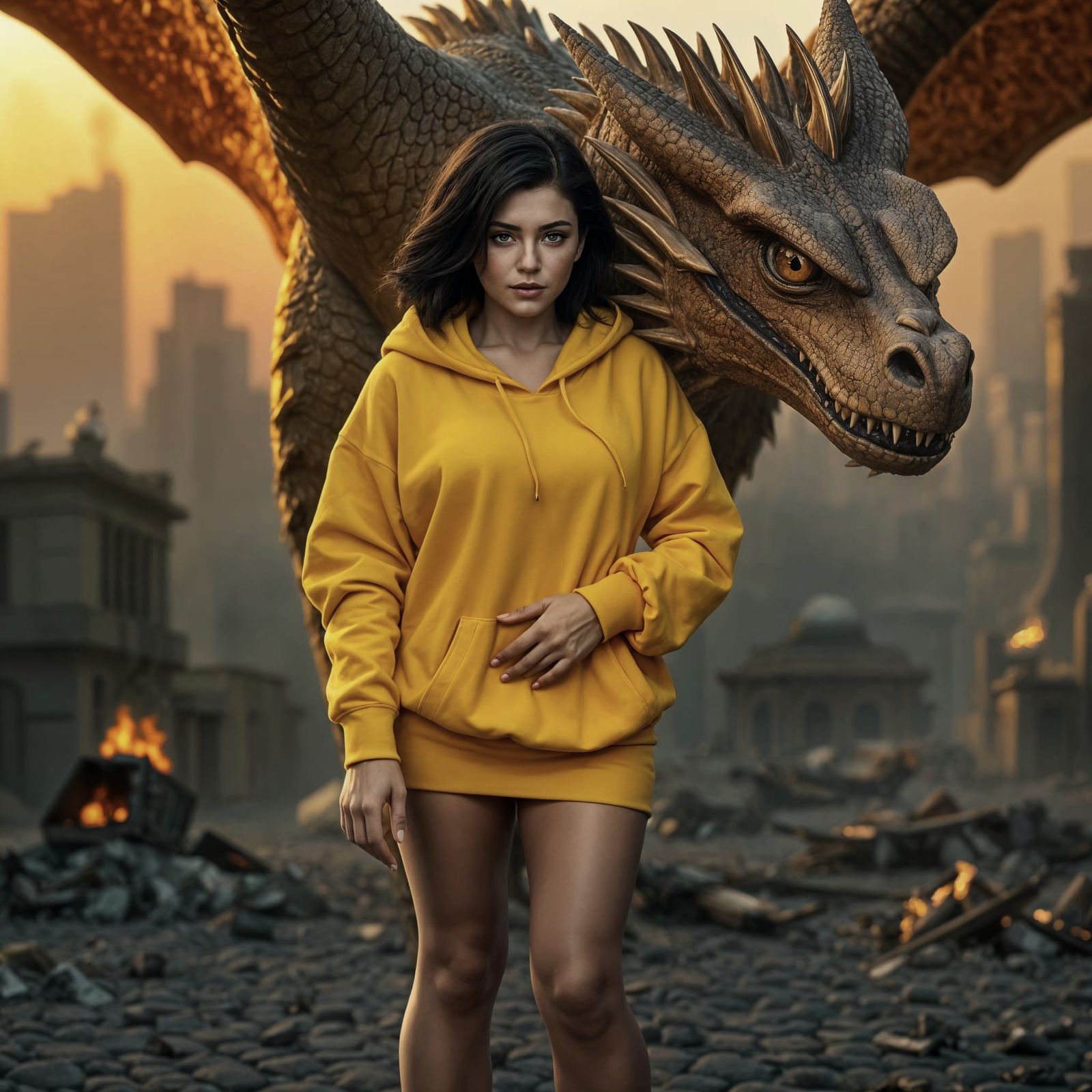 Curvy Woman Protected by Dragon in Destroyed City