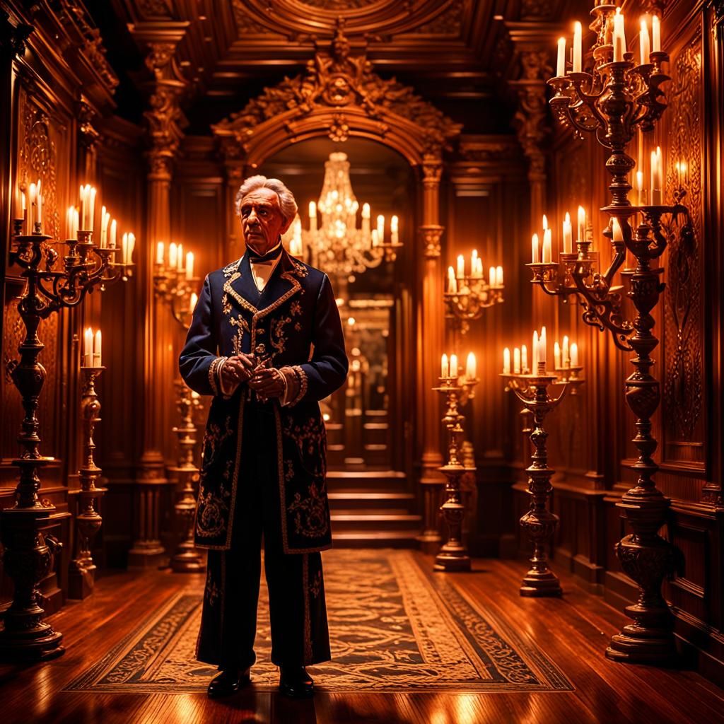 Automaton Housekeeper in Ornate Hallway: Hyperrealistic Digi...