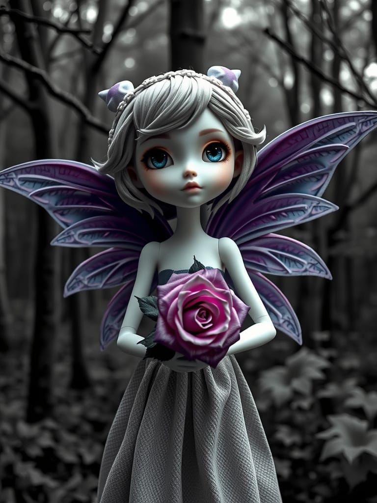 Ethereal Grayscale Fae Doll in a Monochrome Forest