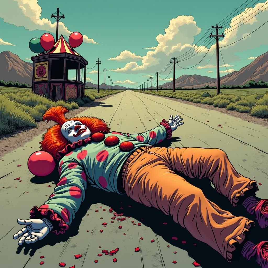 Deceased Clown in Desolate Road: Comic Book Art