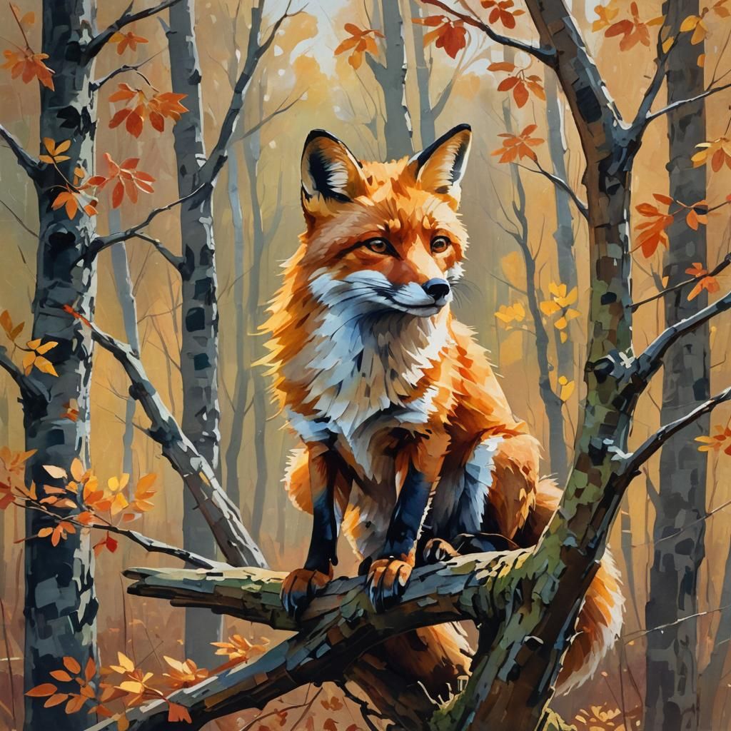 Fox Portrait in Autumn Forest, Gouache Impasto
