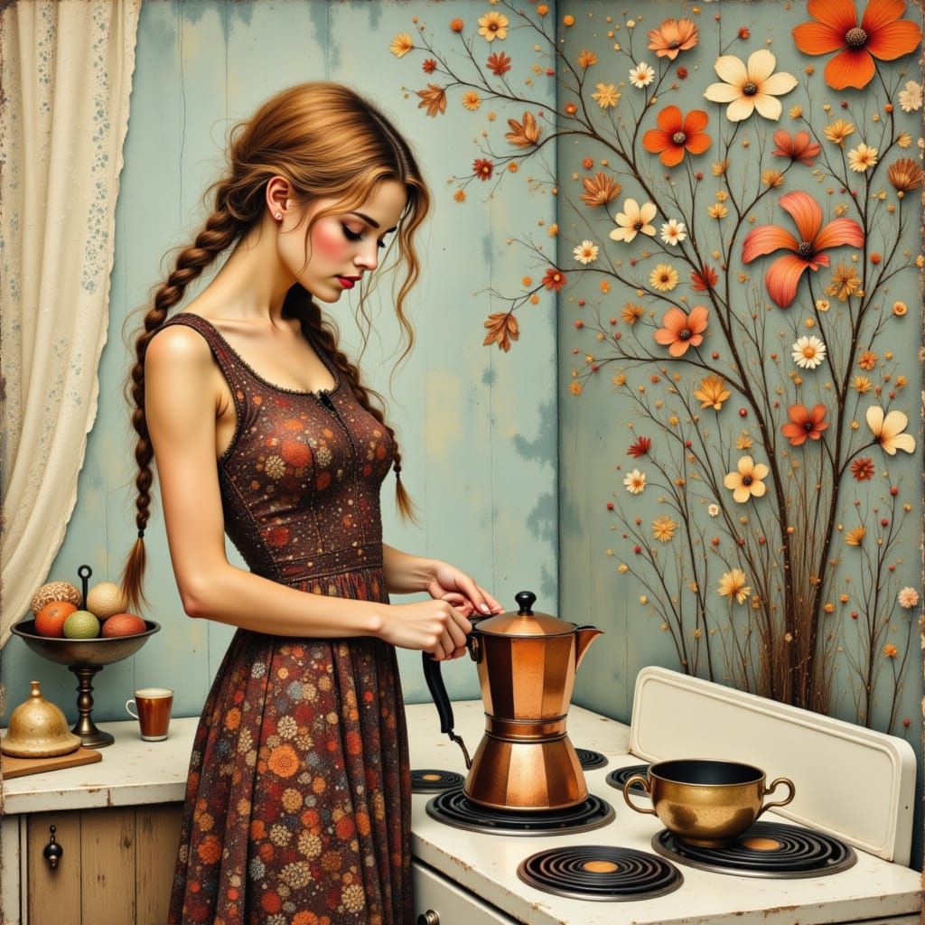 Rustic Kitchen Scene in Folk Art Style