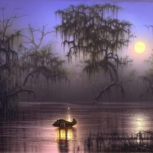 Steampunk Alligator in Moonlight Swamp Oil Painting