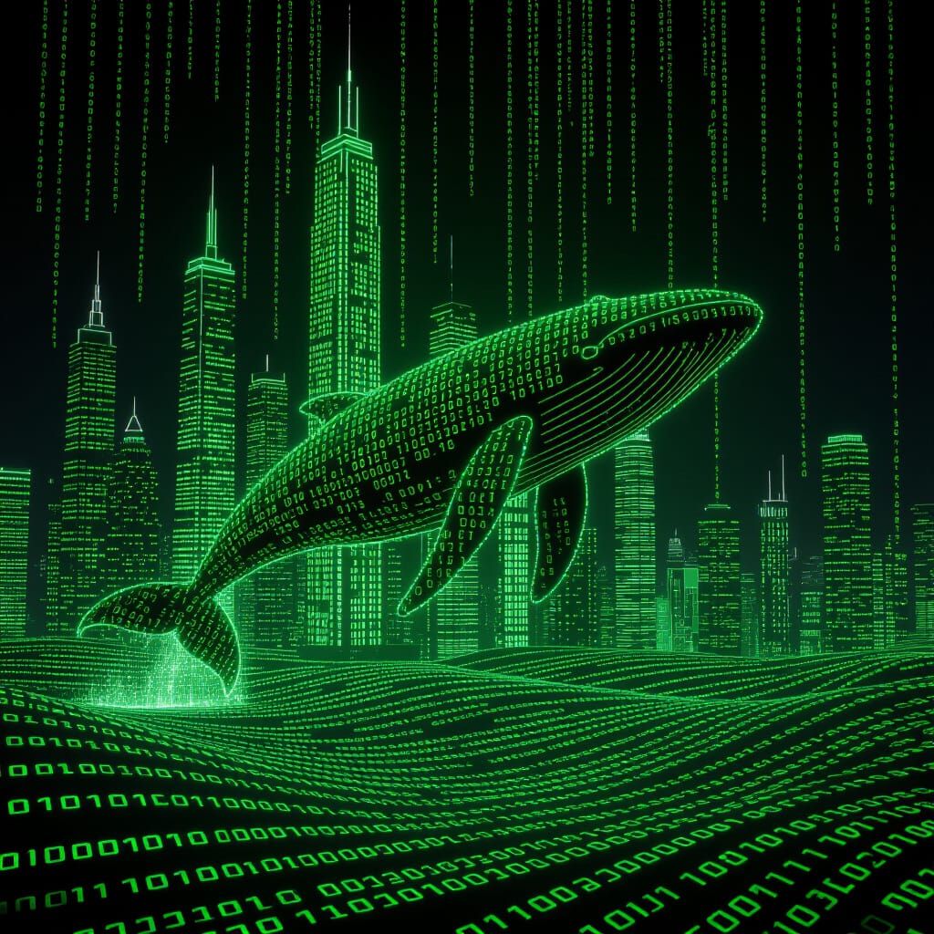 Futuristic Cityscape with Digital Whale in Matrix Style