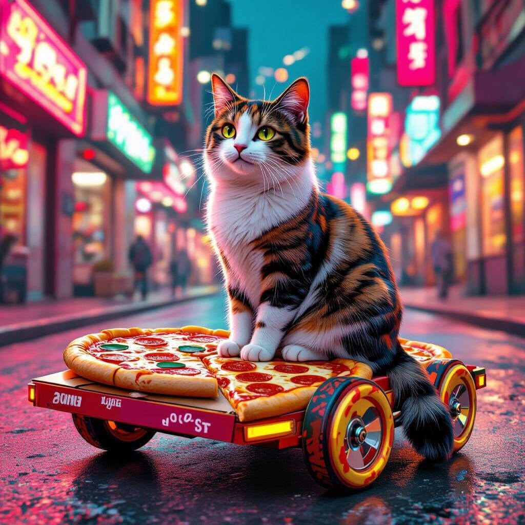 Cat on Pizza Wheel Street, Futuristic Style