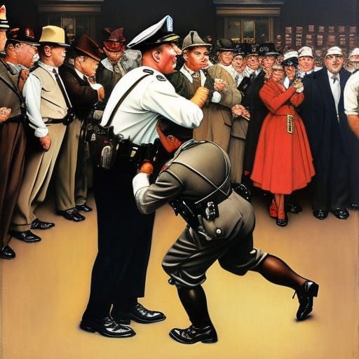 Cops and Dwarf in Norman Rockwell Style