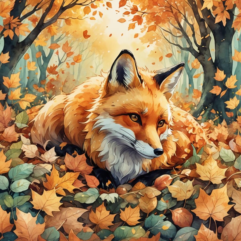 Cute Fox in Autumn Leaves, Anime Watercolor