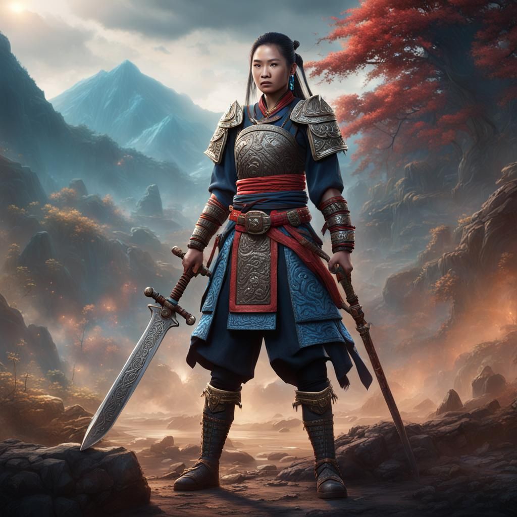 Hmong Woman Warrior with Sword in Detailed Matte Painting
