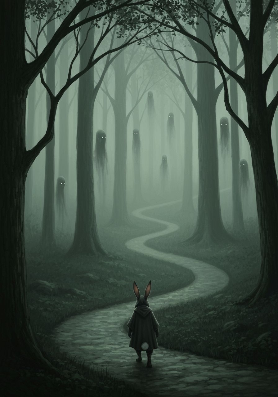 Lone Rabbit Traveler in Foggy Gothic Forest