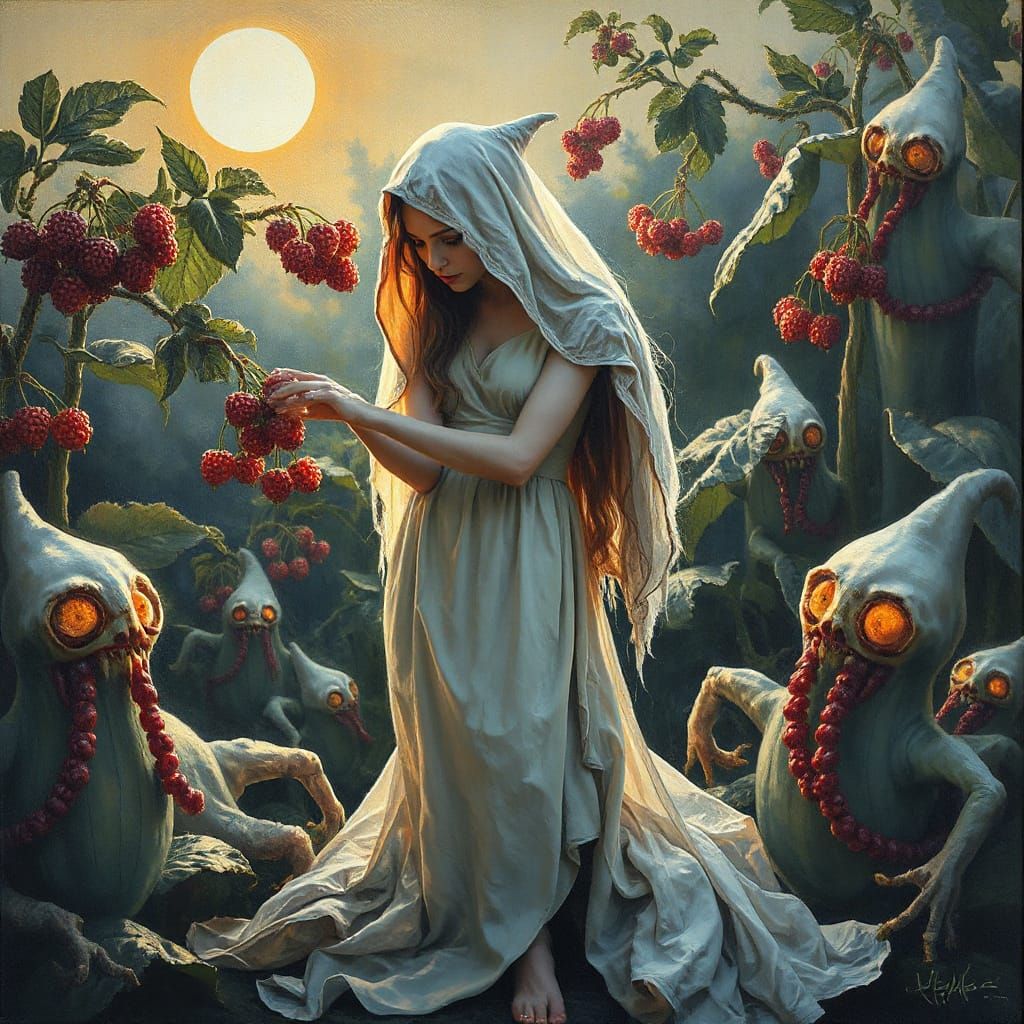 Ghostly Fashionista in Eerie Neo-Impressionist Garden