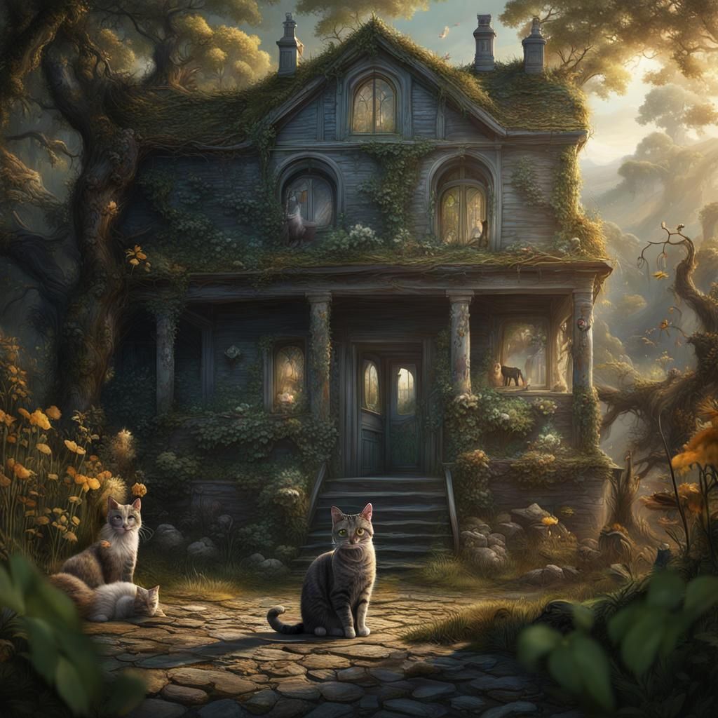 Cats in Nature-Overtaken Home: Detailed Matte Painting