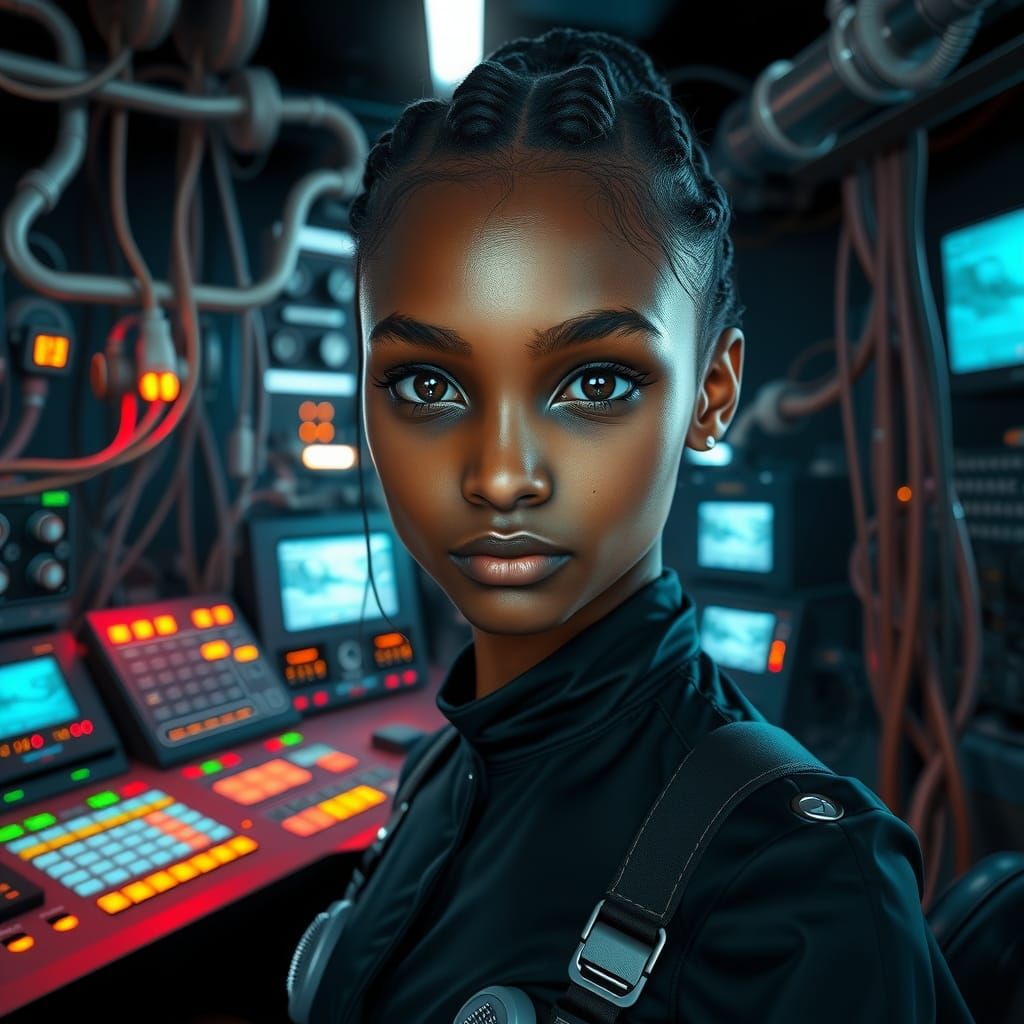 Ebony Teen in High-Tech Control Room as Digital Painting