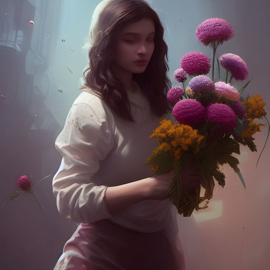 Girl Holding Alien Flowers: Detailed Unreal Engine Art