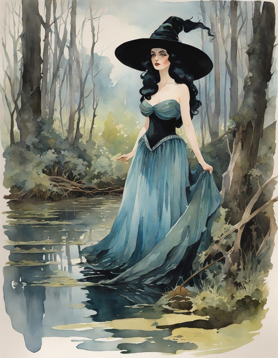 Swamp Witch Watercolor Illustration by George Petty Style